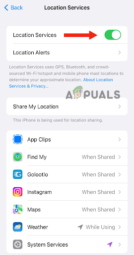 Turn off the toggle next to Location Services, then turn it on again