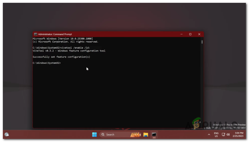 type the following command:vivetool /enable /id:35262205