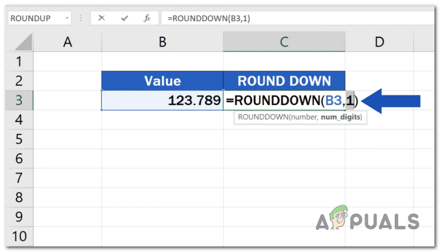 Enter the formula =ROUNDDOWN(number, num_digits).