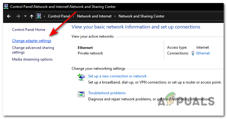 Look for "Change adapter settings" and click on it.