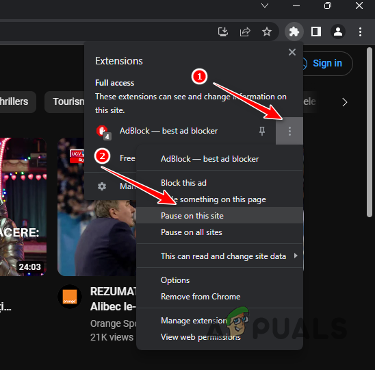 Pausing Ad Blocker on YouTube