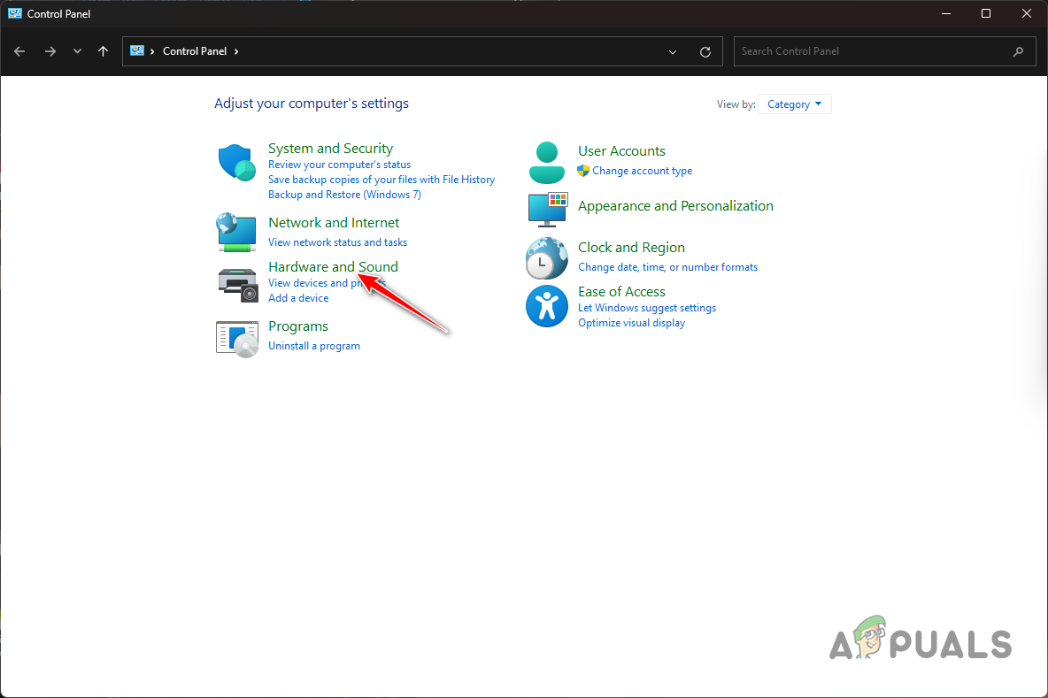 Navigating to Hardware and Sound Options
