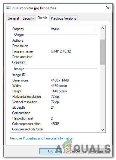 Under the "Details" tab, you will find information about the image, including its dimensions.