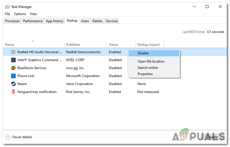 Disable all the startup programs by right clicking on each entry and selecting “Disable."