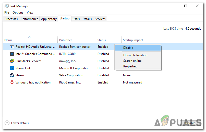 Disable all the startup programs by right-clicking on each entry and selecting "Disable".