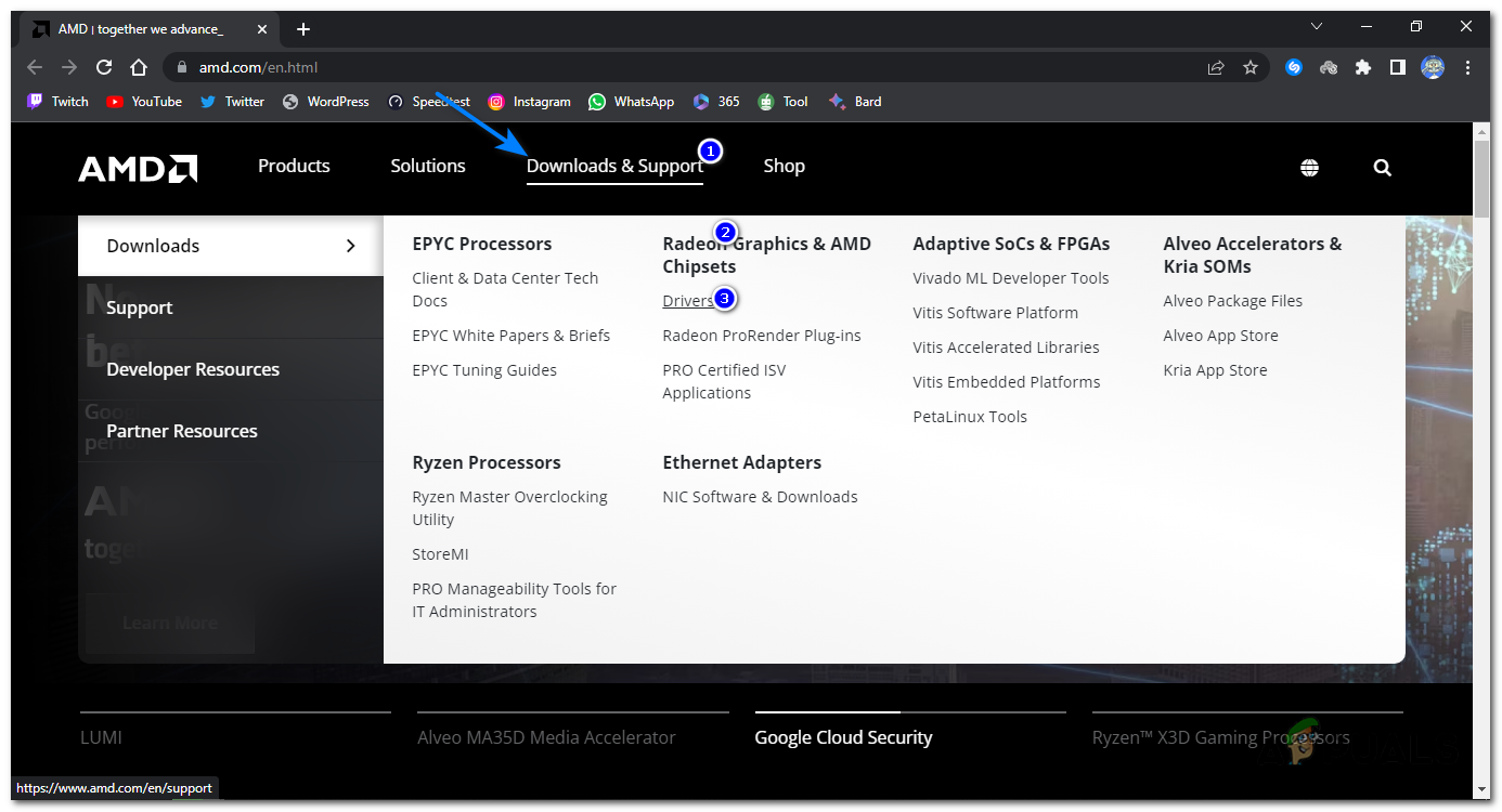 In the "Download & Support" section, under the "Radeon Graphics & AMD Chipsets" option, click on "drivers".