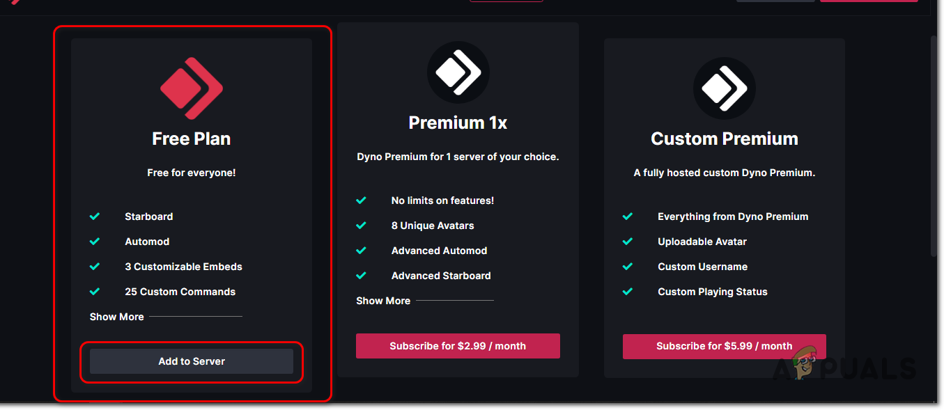 Under "free plan" click on "Add To Server"