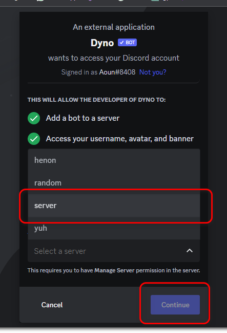 lick on the "Select a server" dialog box