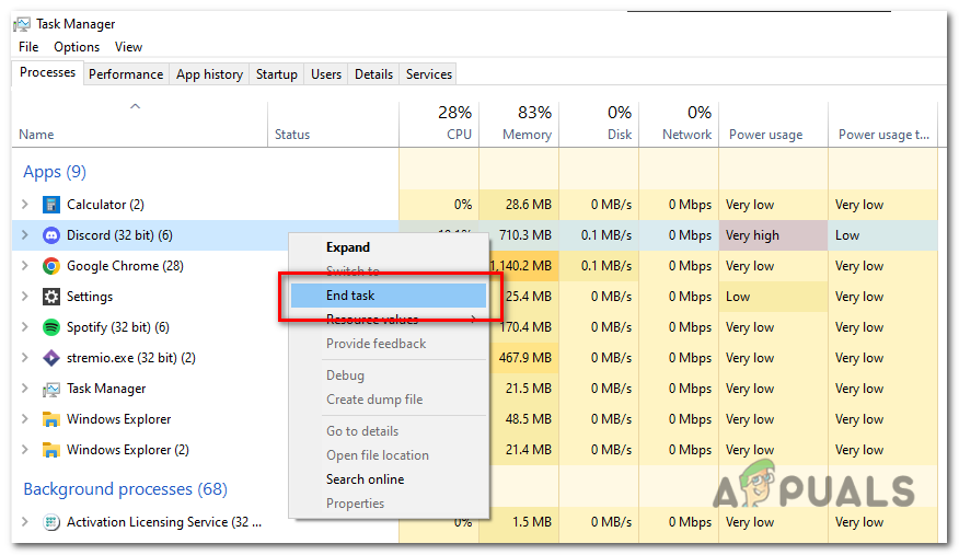 Right-click on Discord and press "End Task".