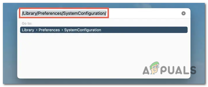 In the text field, enter the following path: "/Library/Preferences/SystemConfiguration/" and press Enter.