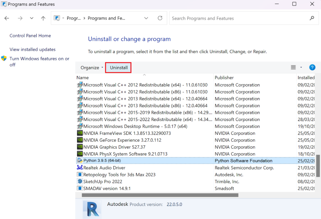 uninstall python in windows 11