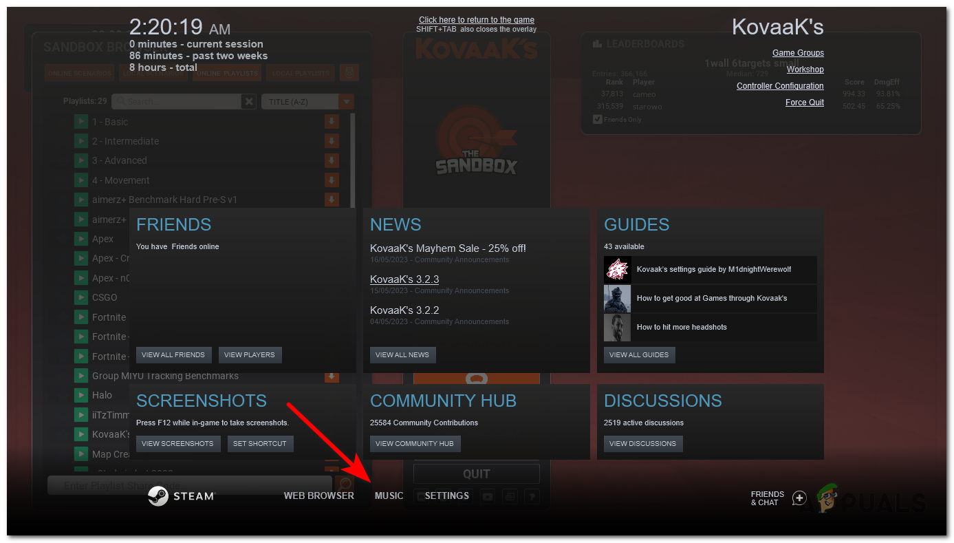 At the bottom of the overlay, you will see a row of options. Click on the "Music" button, to open the Steam Music Player.