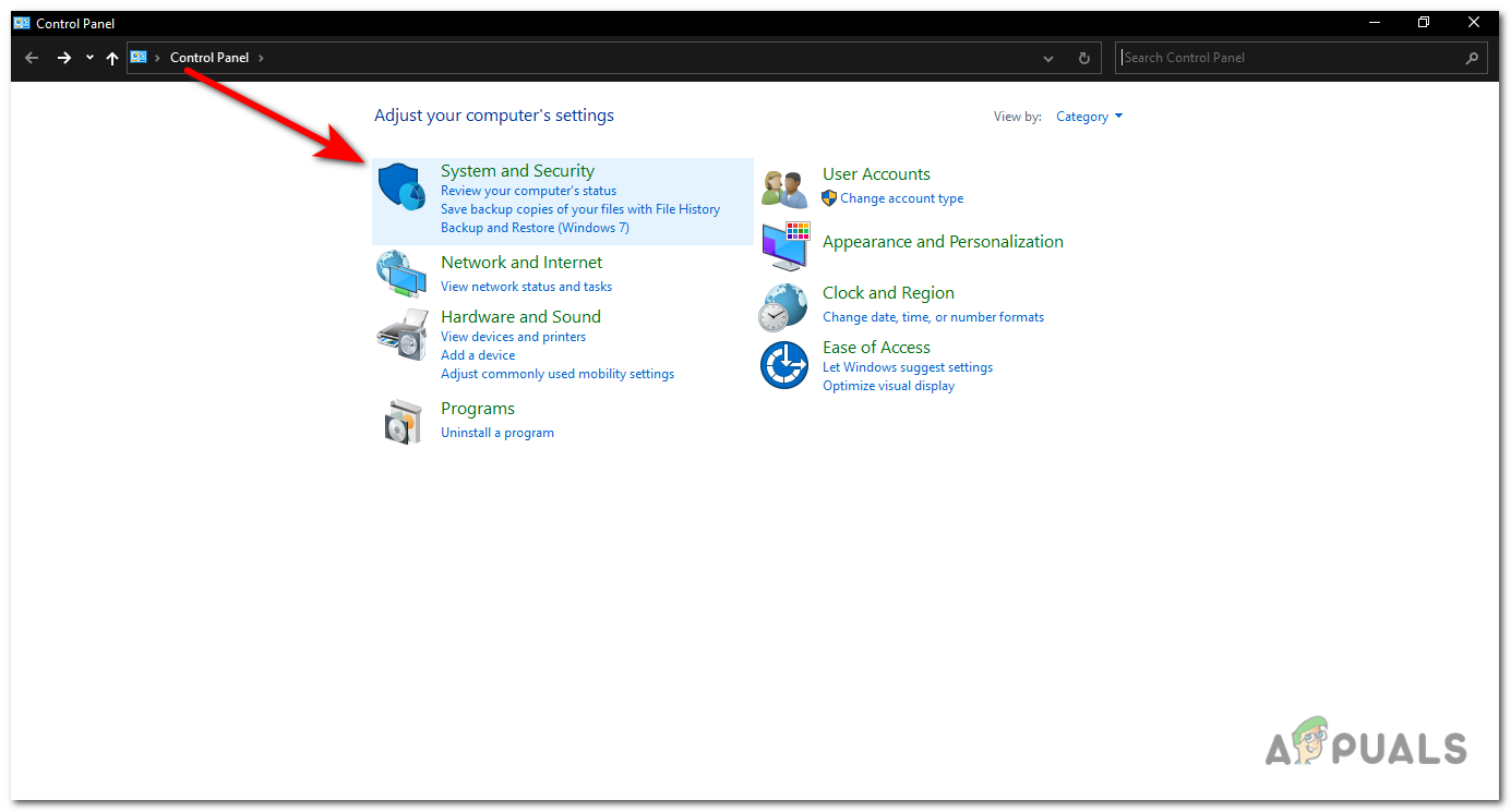 Within the Control Panel, locate "System and Security" and click it.