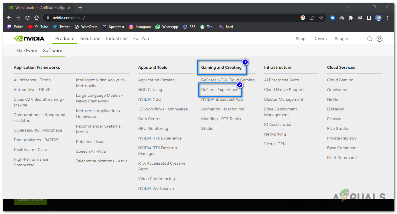 Navigate to "Gaming and Creating" and click on "GeForce Experience".