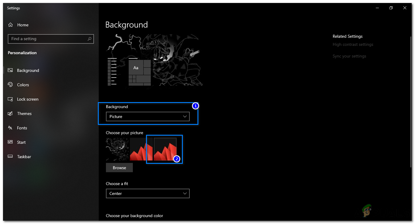 Choose the "Picture" option and select one of the default images provided by Windows.