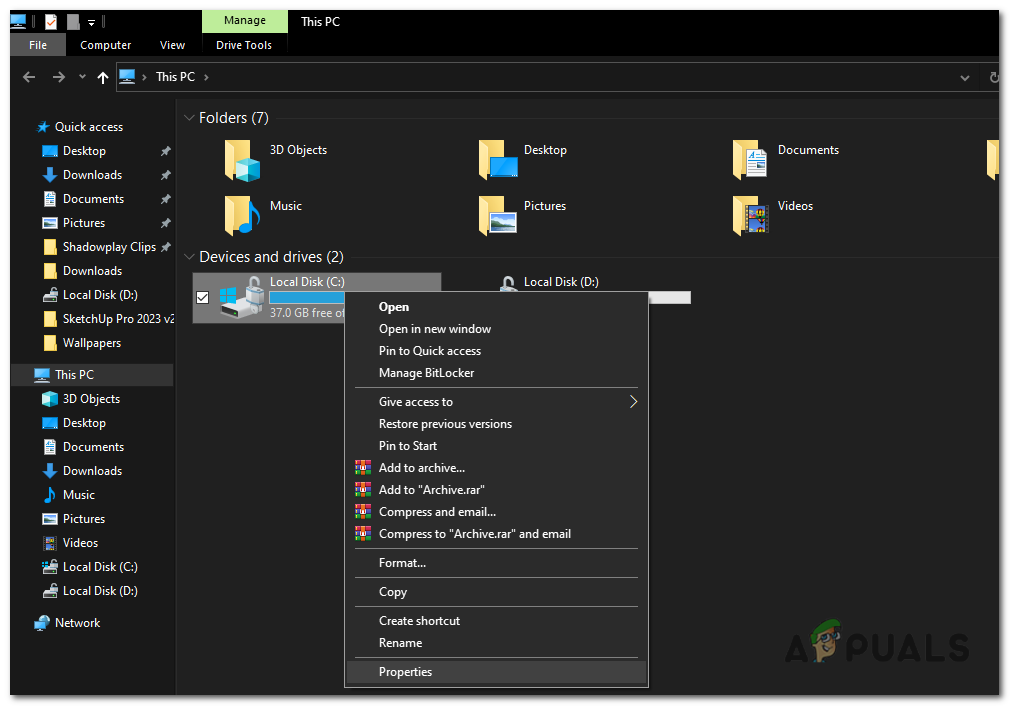 right-click on the target drive and select "Properties."