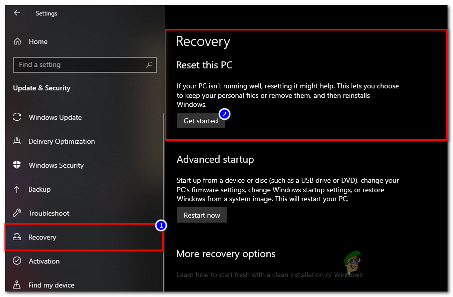 Go to "Recovery" and click on the "Get Started" button