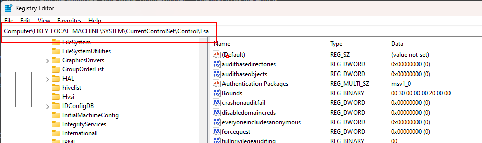 Navigating to LSA Registry Path