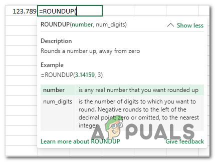 The ROUNDUP function in Excel.