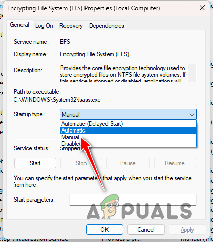 Changing EFS Service Startup Type