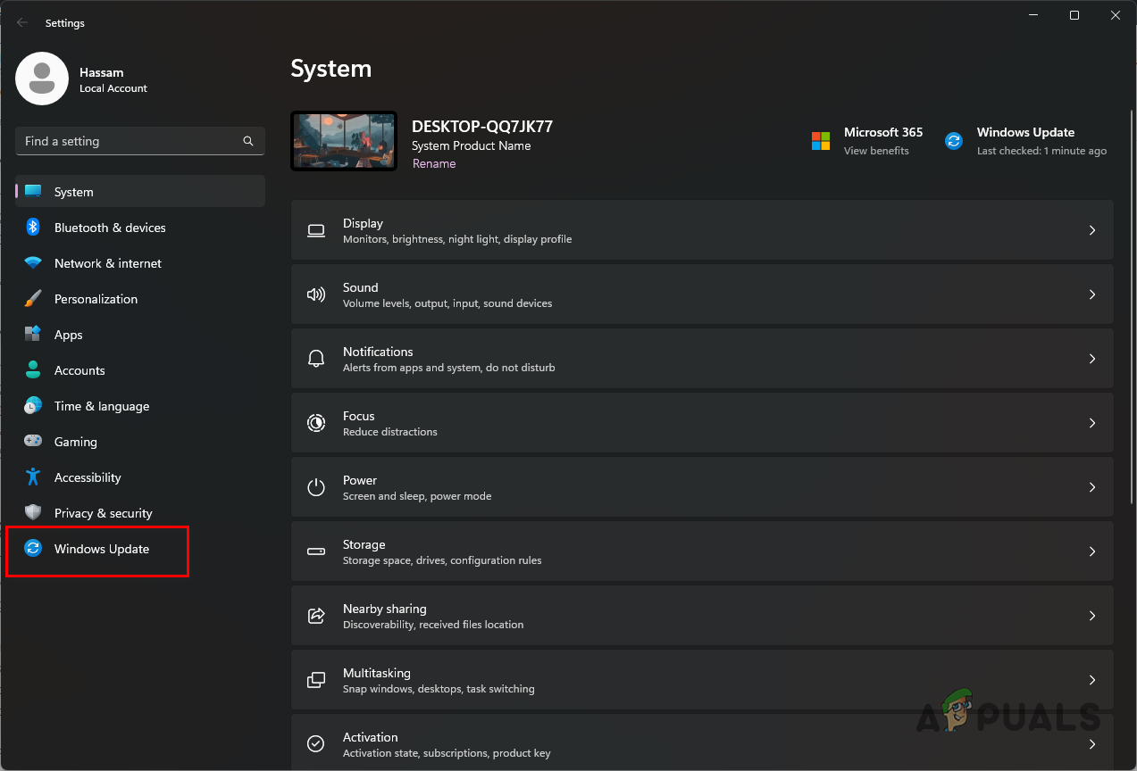 Navigating to Windows Update