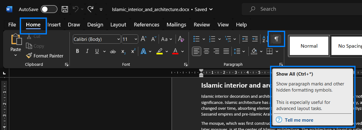 Turn on the paragraph marks by clicking on the ¶ symbol in the "Home" tab.
