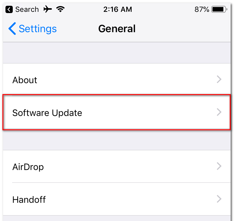 Within the General menu, select Software Update.