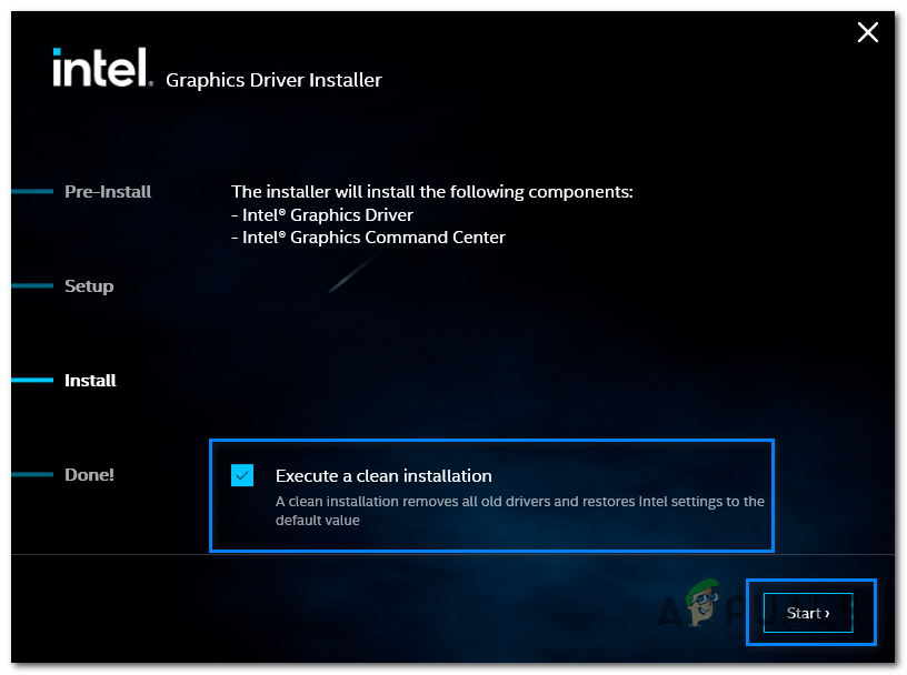 Check the "Execute a clean installation" box and press Start