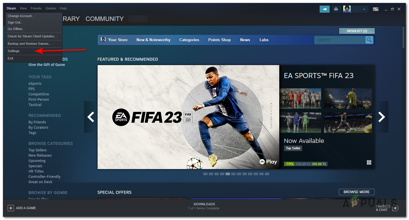 Click on "Steam" in the top-left corner of the client and select "Settings" from the drop down menu.