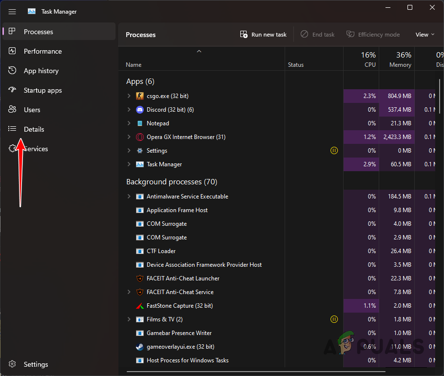 Navigating to Details tab
