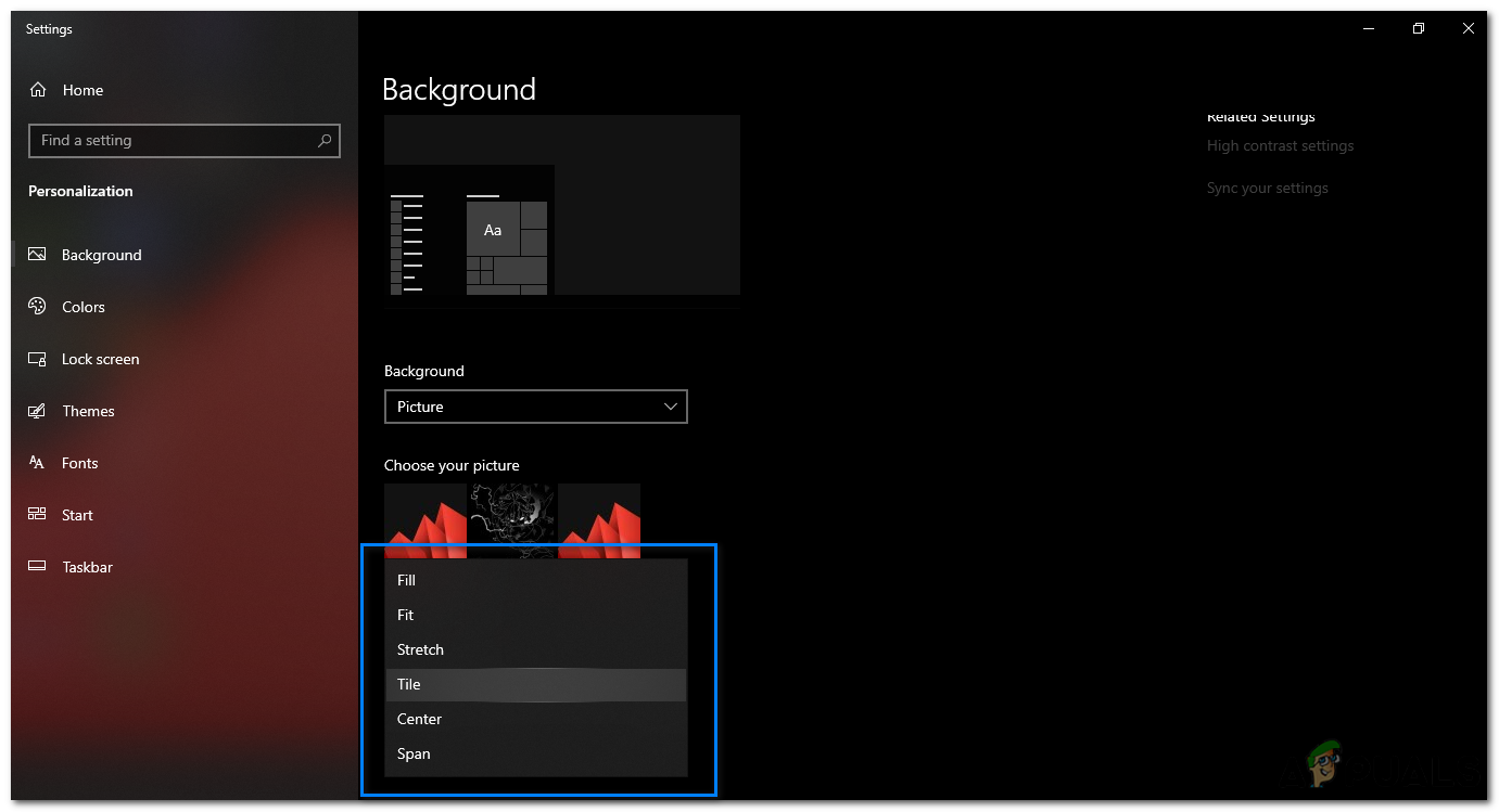 Select the option "tile" to see if it works with the deault wallpaper.