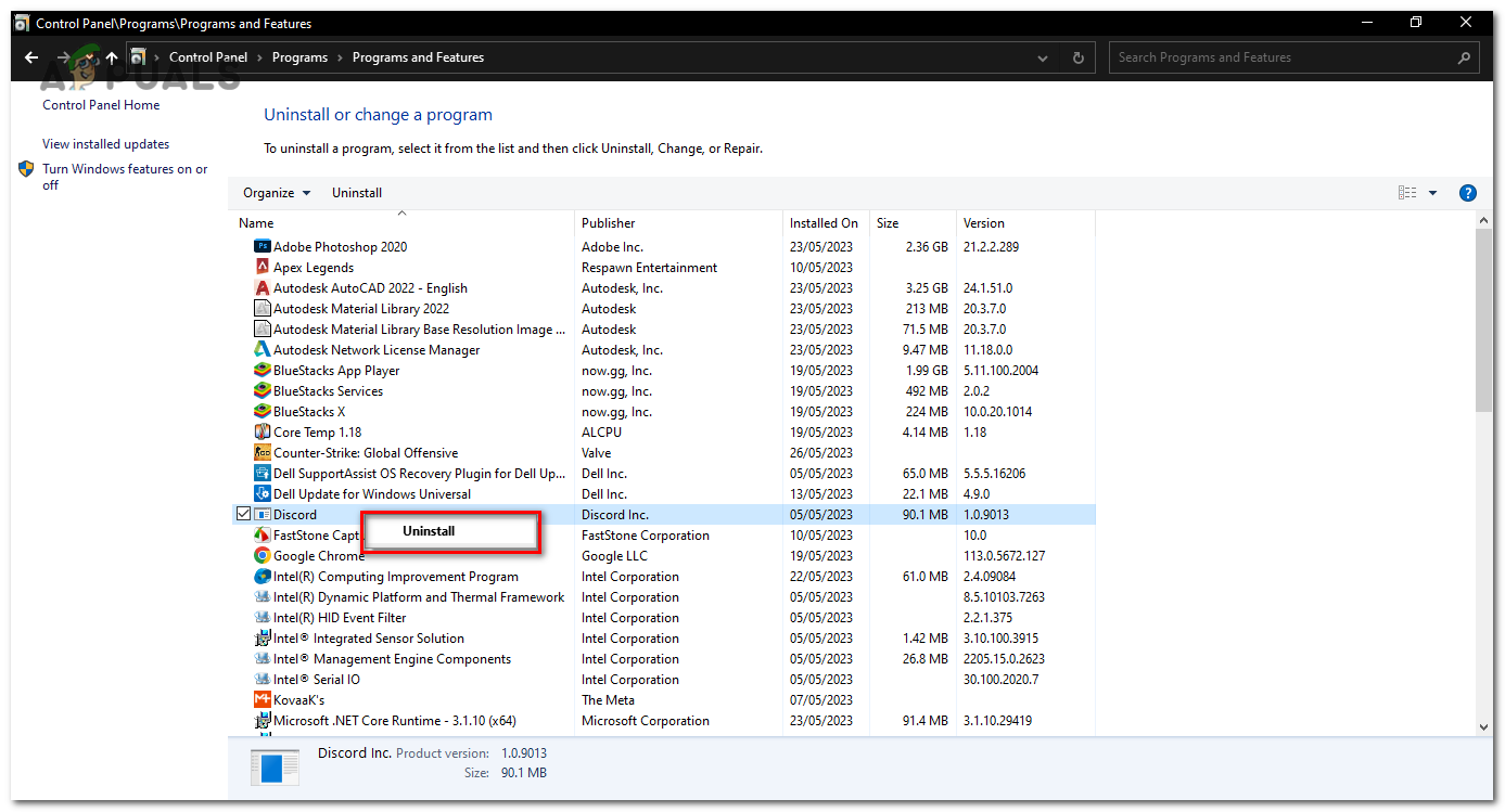 Click on the "Uninstall" button at the top of the list or right-click on "Discord" and select "Uninstall."