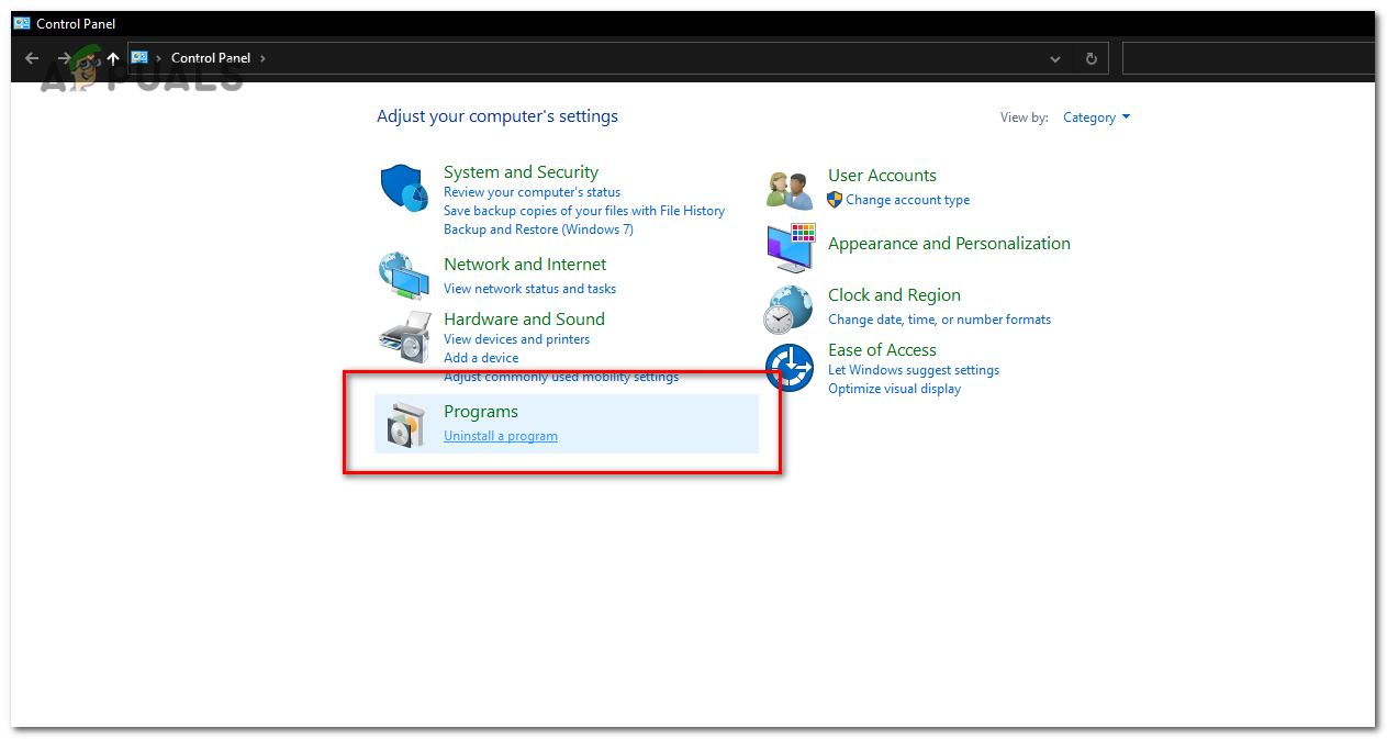 In the Control Panel, select "Uninstall a program" (under the "Programs" category).