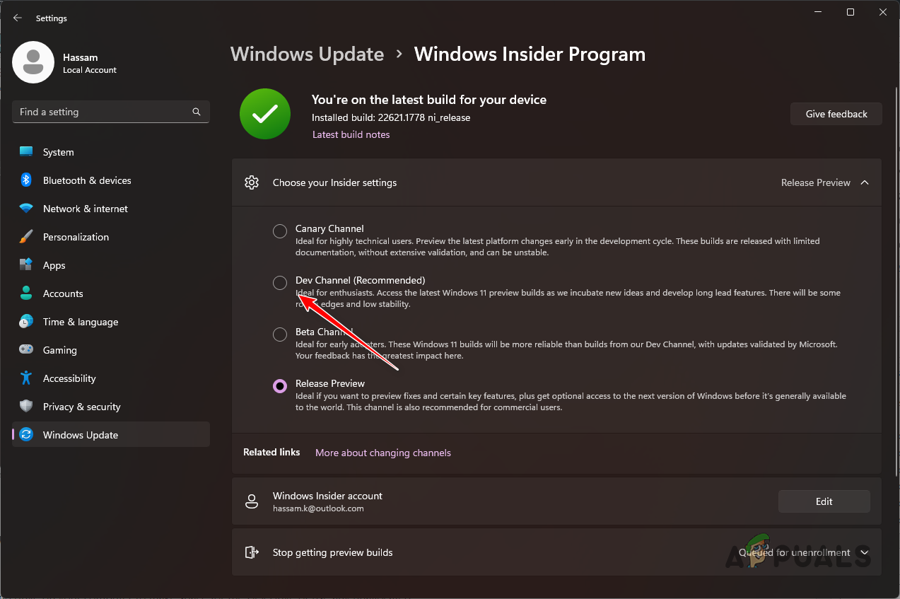 Choosing Dev Channel for Insider Program