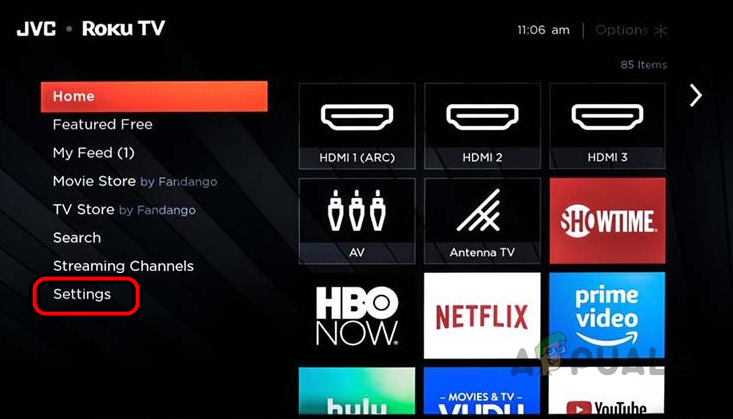 Open Settings of the Roku TV