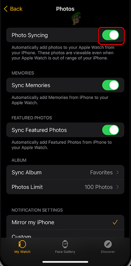 Disable Photo Syncing in the Photos Tab of the Apple Watch Tab