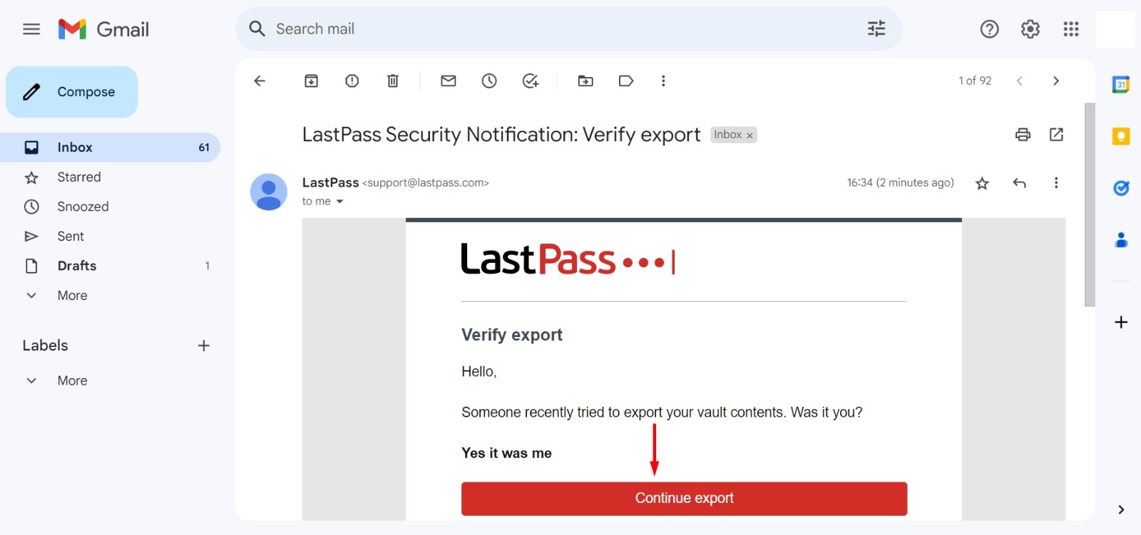 Click Continue export in the Email