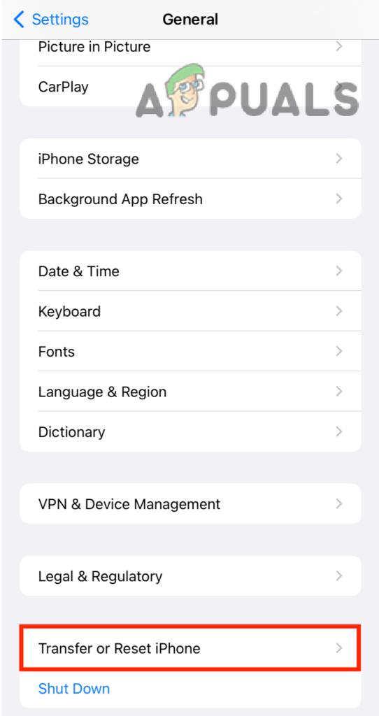 Tap on the Transfer or Reset iPhone option