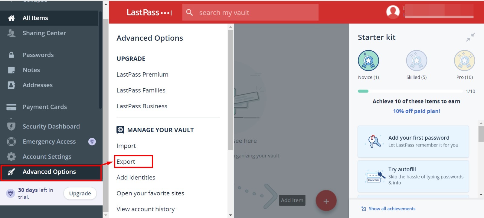 Click on Export from Advanced options
