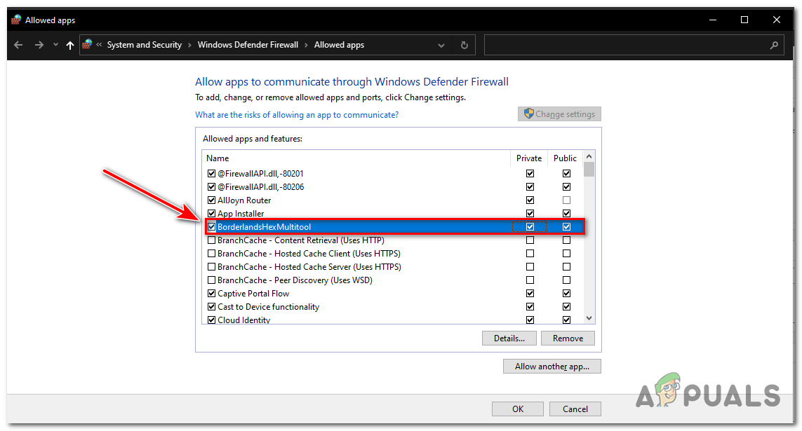 Once you've located BLCMM, check both the "Private" and "Public" checkboxes next to it to allow it through the firewall for both network types.
