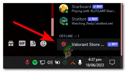 Look for the bot's username in the member list. If the bot is offline, its status will be displayed as "Offline".