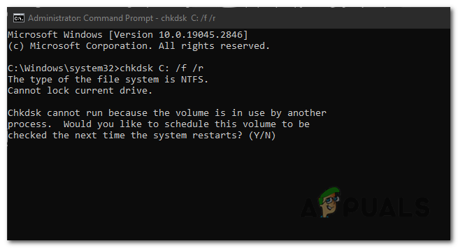 If prompted to schedule a disk check on the next system restart, type "Y" and press Enter.