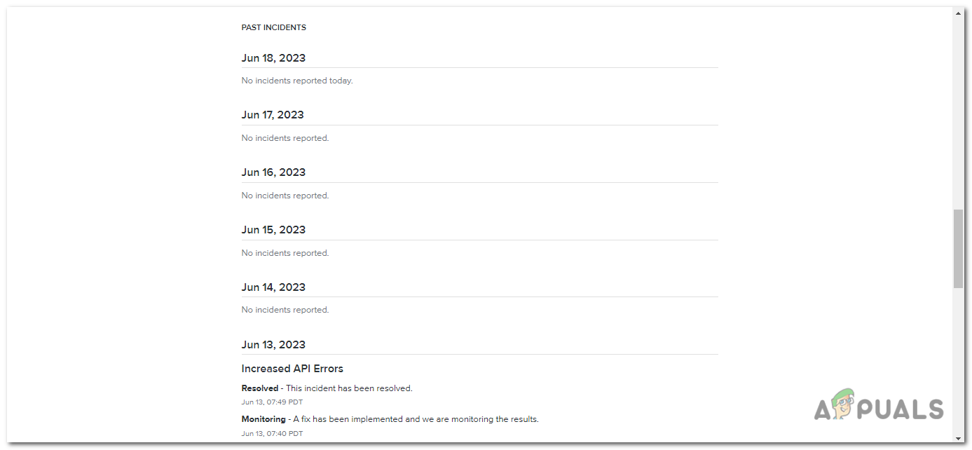 list of incidents that happened with Discord servers in the past two weeks.