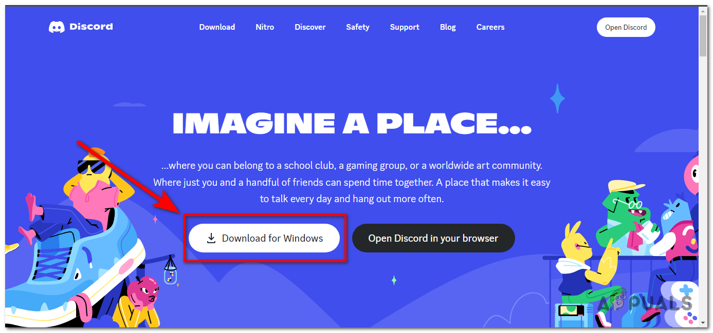 On the Discord website, click on the "Download for Windows" button.