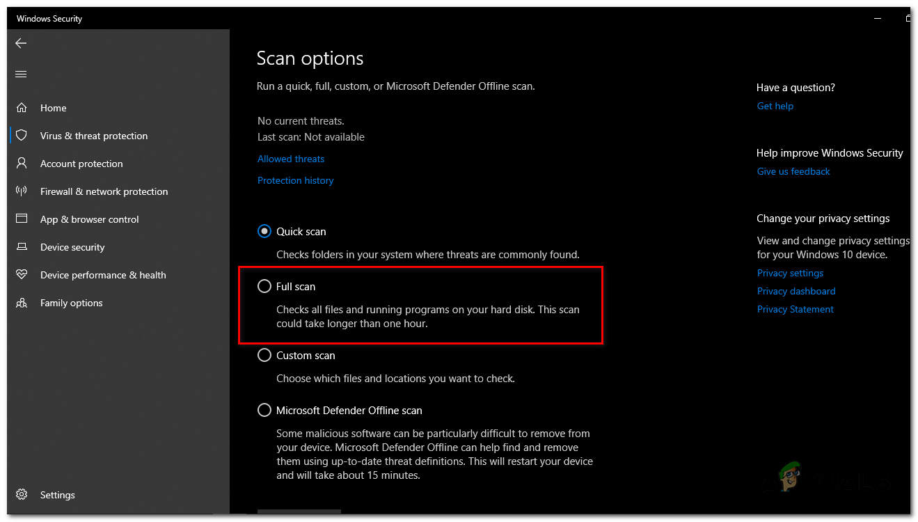 A menu will appear with different scanning options. Choose "Full scan" from the list.