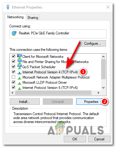 Scroll down the list of items and locate "Internet Protocol Version 4 (TCP/IPv4)".&nbsp;Select it and click on the "Properties" button.