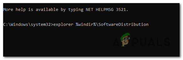 n the Command Prompt window, type the following command and press Enter: "explorer %windir%\SoftwareDistribution".