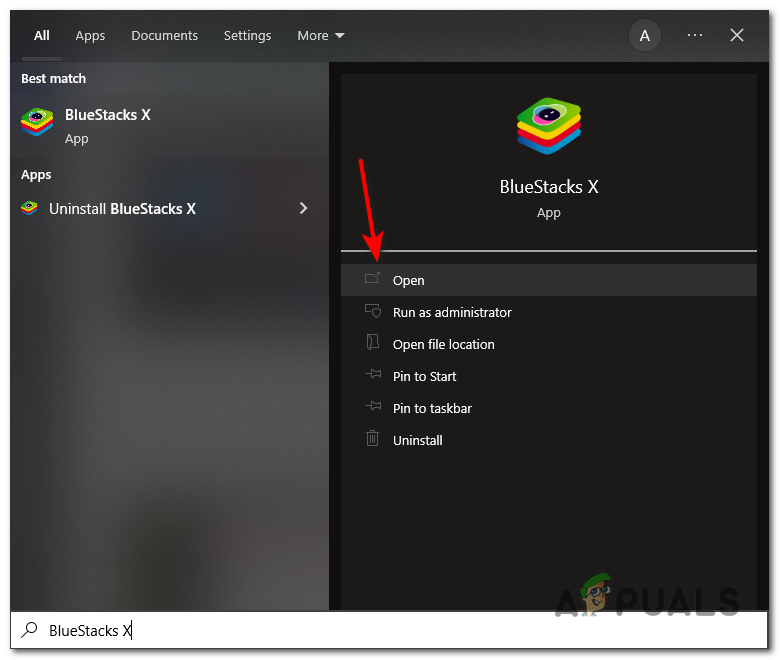 Press the Windows Key on your keyboard, type "BlueStacks X" in the search bar and open the program.