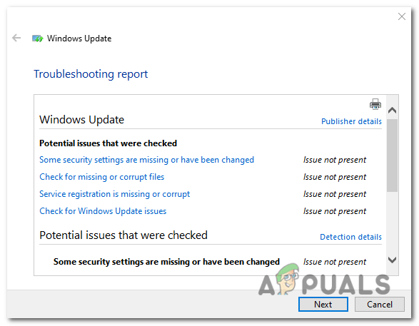 Results of the Windows Troubleshooter scan.