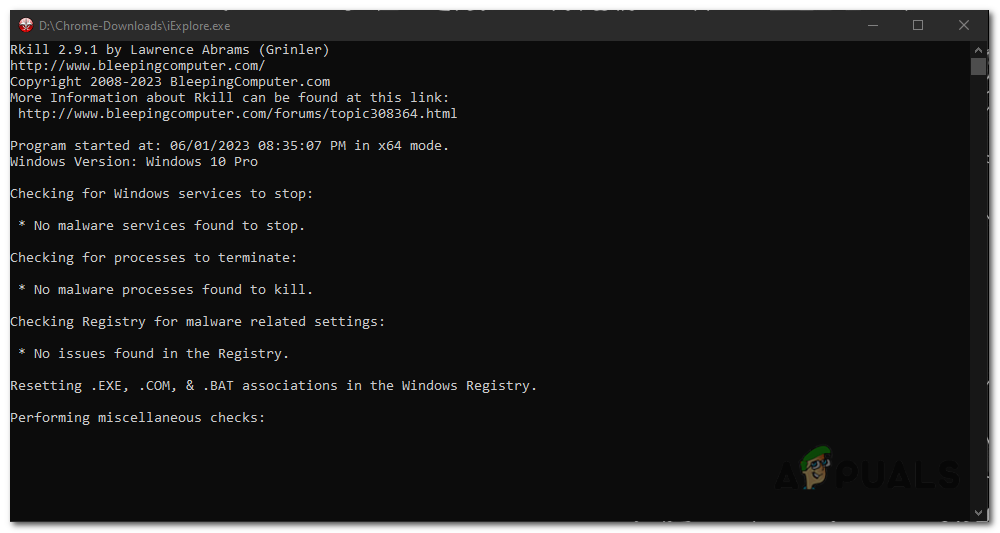 RKill will now start scanning and terminating known malware processes on your computer.